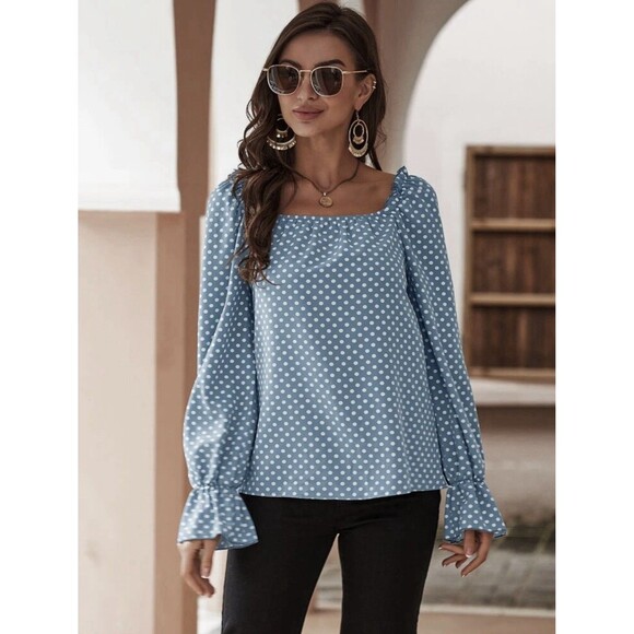 Women's Blue White Polka Dot Flounce Sleeve Frilled Blouse Size M, 36 - Picture 11 of 12